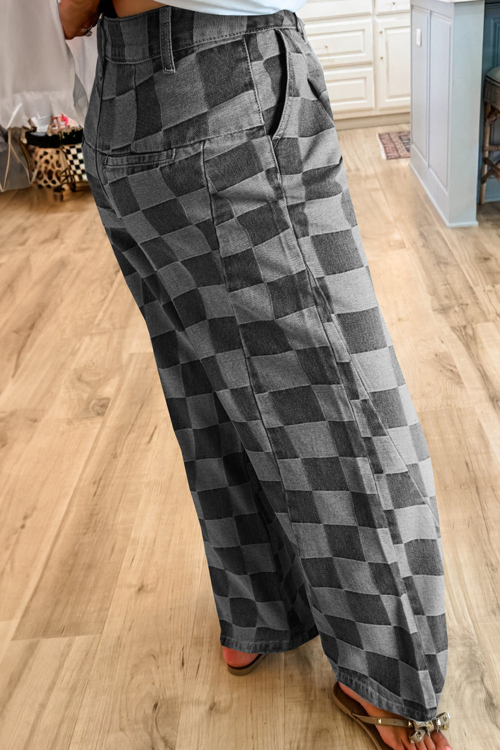Dark Grey Checkered Denim Wide Leg Jeans - Pikemla