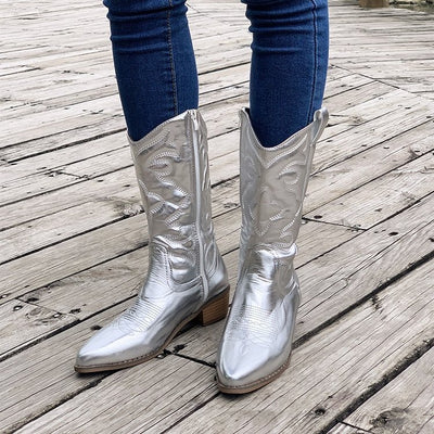 Chunky Heel Pointed Toe Western Boots Fashion Mid-tube Solid Knight  Shoes