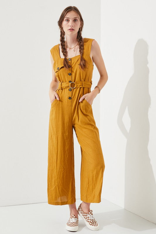 PLUS SLEEVELESS SQUARE NECK BUTTON ANKLE JUMPSUIT - Pikemla