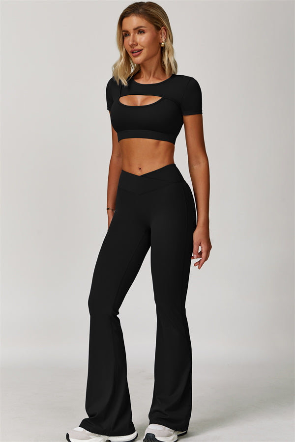 The Lavish Cut-out Crop Top Flared Leggings 2-Piece Set