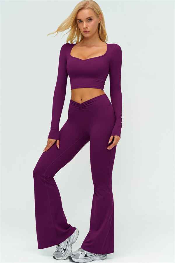 The Lushness Long Sleeve Crop Top Flared Leggings 2-Piece Set