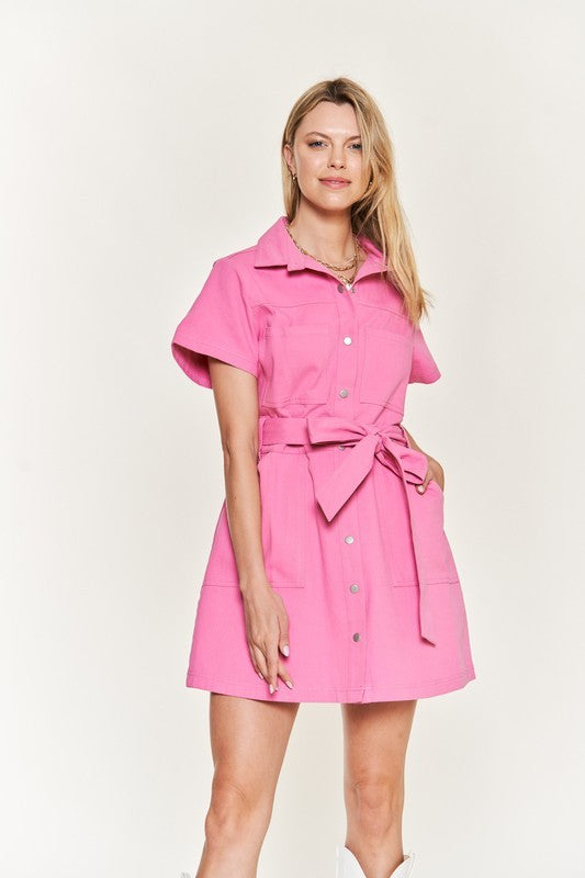 Belted cotton short dress - Pikemla