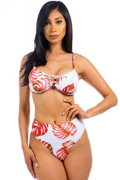 Two Piece Tropical Leaf Print Bikini Set - Pikemla