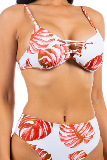 Two Piece Tropical Leaf Print Bikini Set - Pikemla