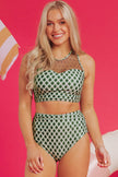 Green Dotted Mesh Plaid Patchwork High Waisted Bikini - Pikemla