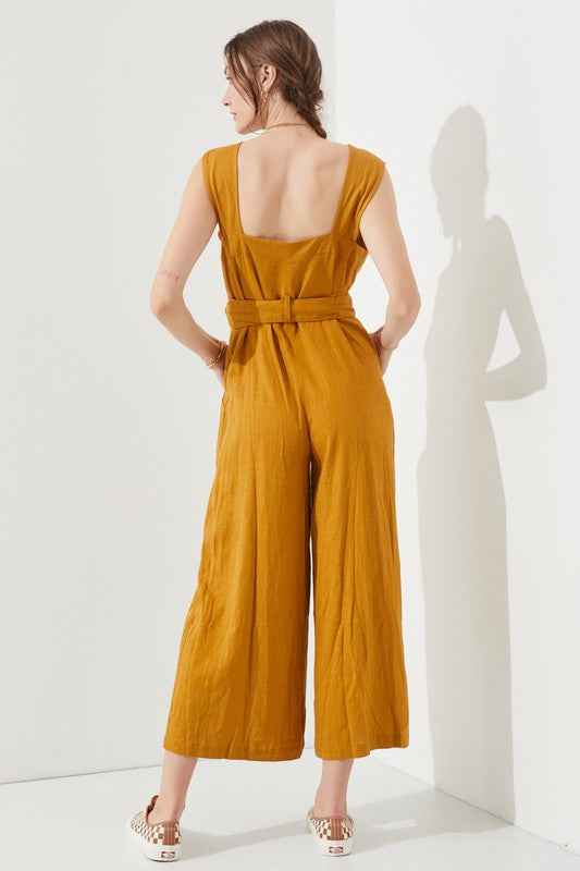 SLEEVELESS SQUARE NECK BUTTON ANKLE JUMPSUIT -Plus Sized - Pikemla