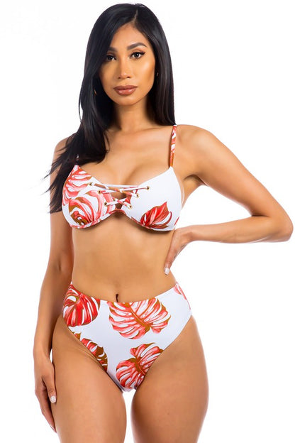 Two Piece Tropical Leaf Print Bikini Set - Pikemla