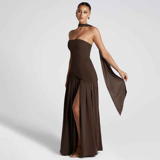 Pure Color Split Backless Elegant Streamer Dress