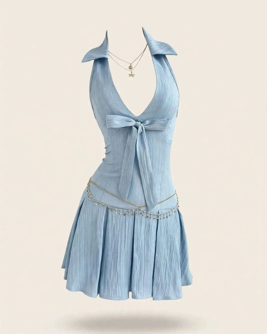 Halter Neck Bow Tie Pleated Mini Dress