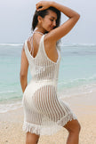 White Crochet Fishnet Fringed Edge V Neck Beach Cover Up - Pikemla
