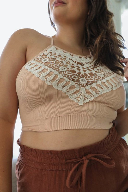 Plus Size Crochet Lace High Neck Bralette - Pikemla