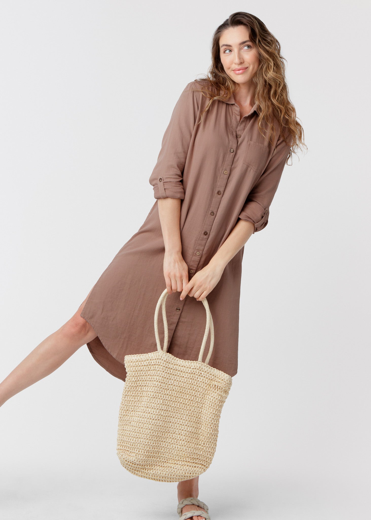 Sand Gauze Button Down Shirt Dress