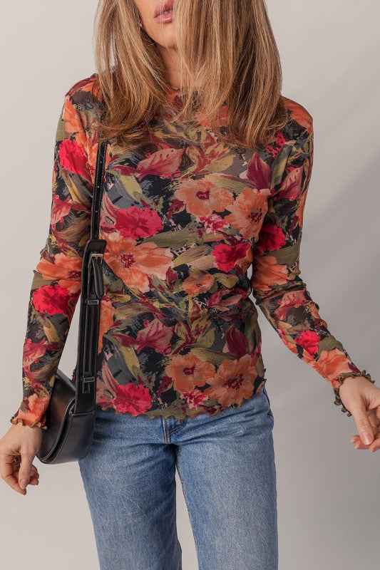 Floral Mesh Lettuce Trim Long Sleeve Top