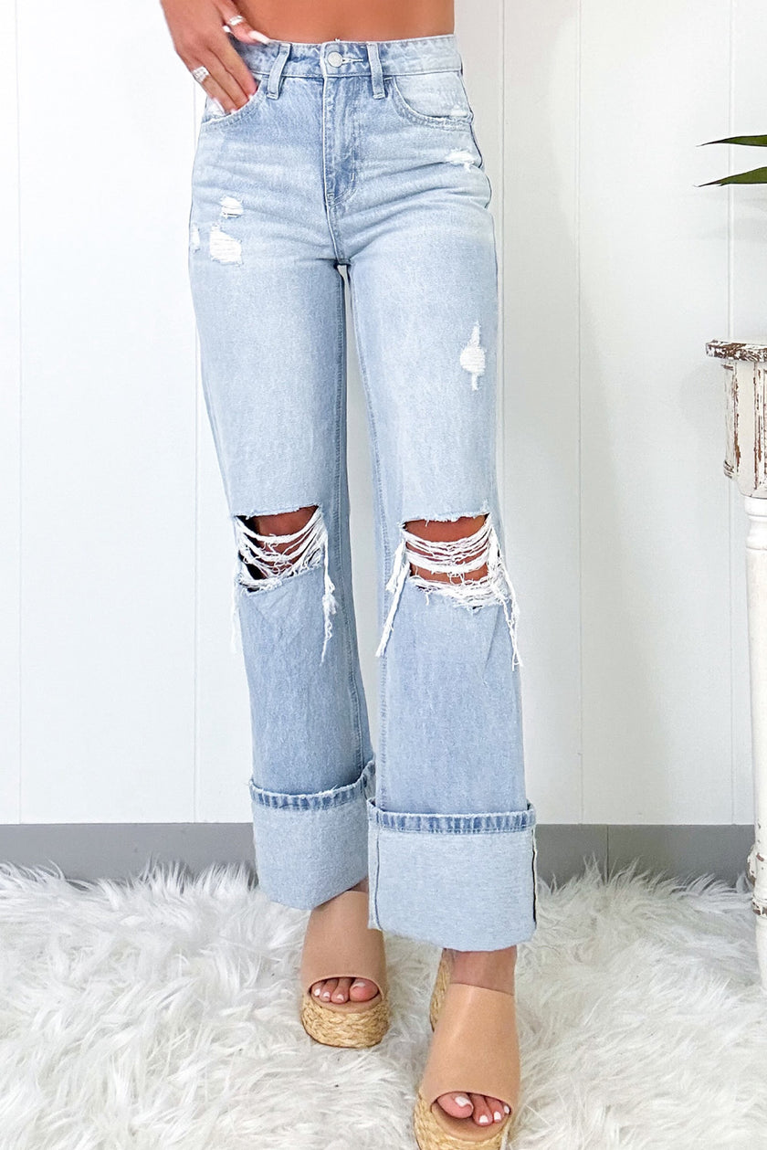 Beau Blue Light Wash Distressed Straight Jeans - Pikemla