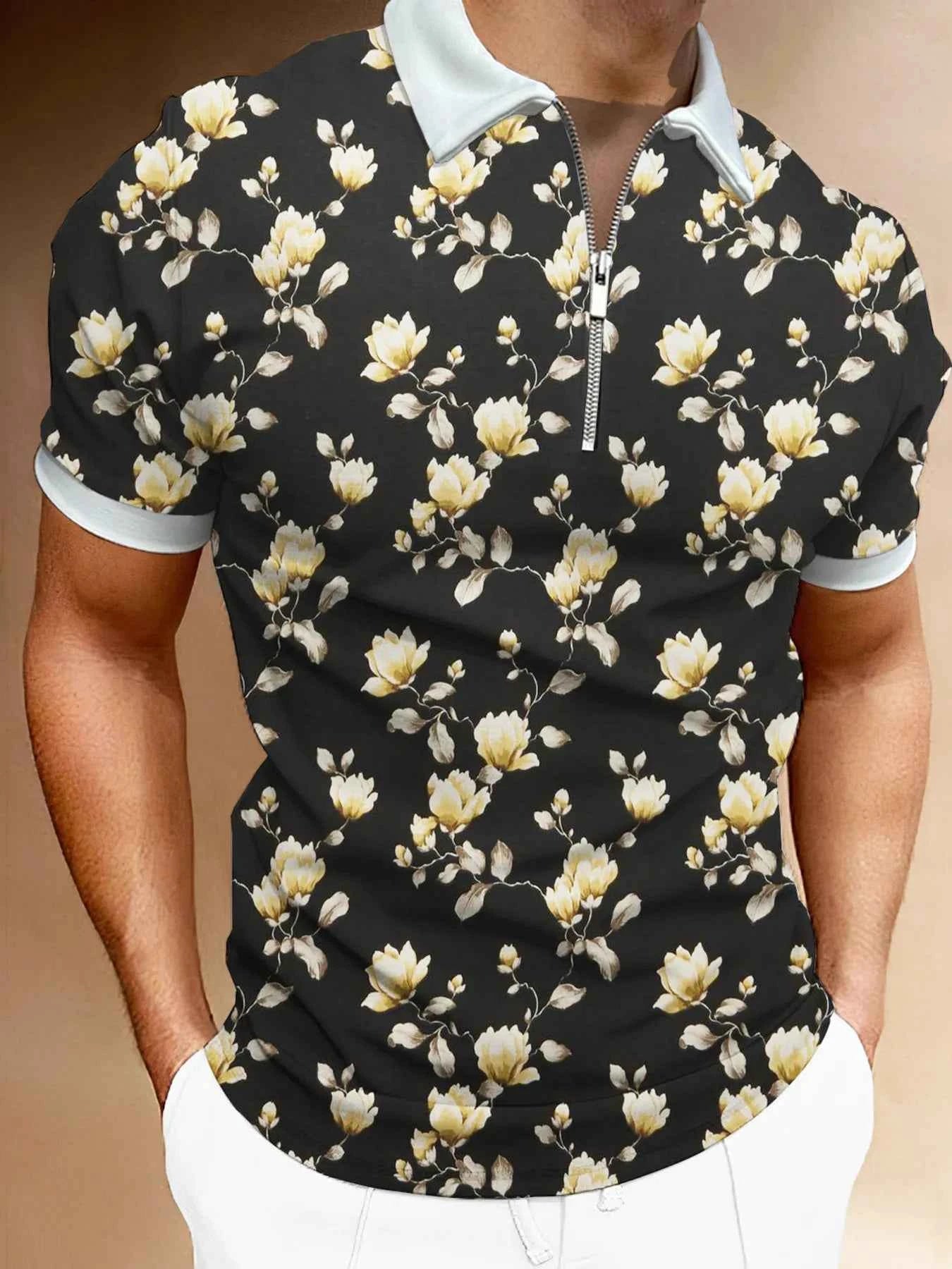 Men's Full Size Floral Print Zip-Up Polo Plus Size