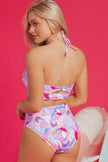 Pink Floral Printed Halter Neck High Waist Bikini - Pikemla