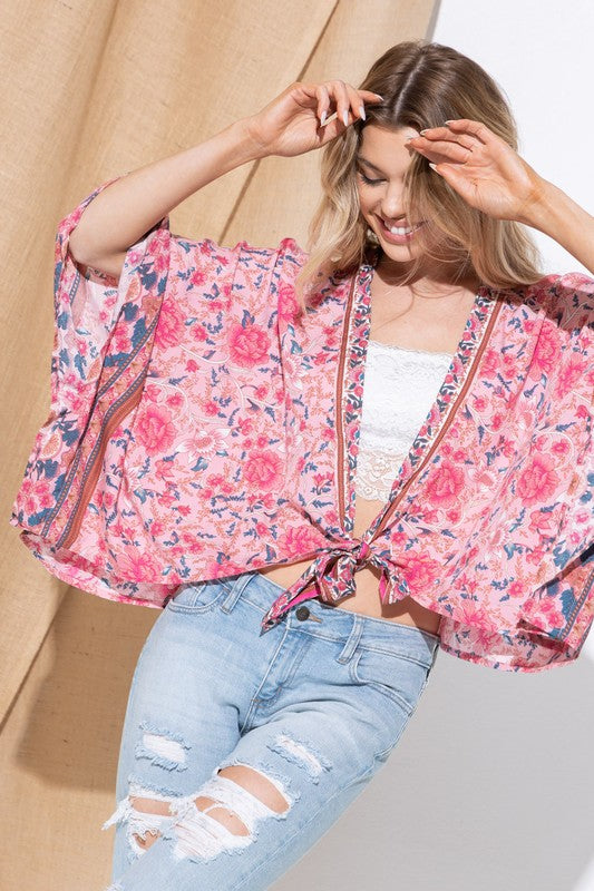 Lightly Woven Floral Kimono Cardigan - Pikemla