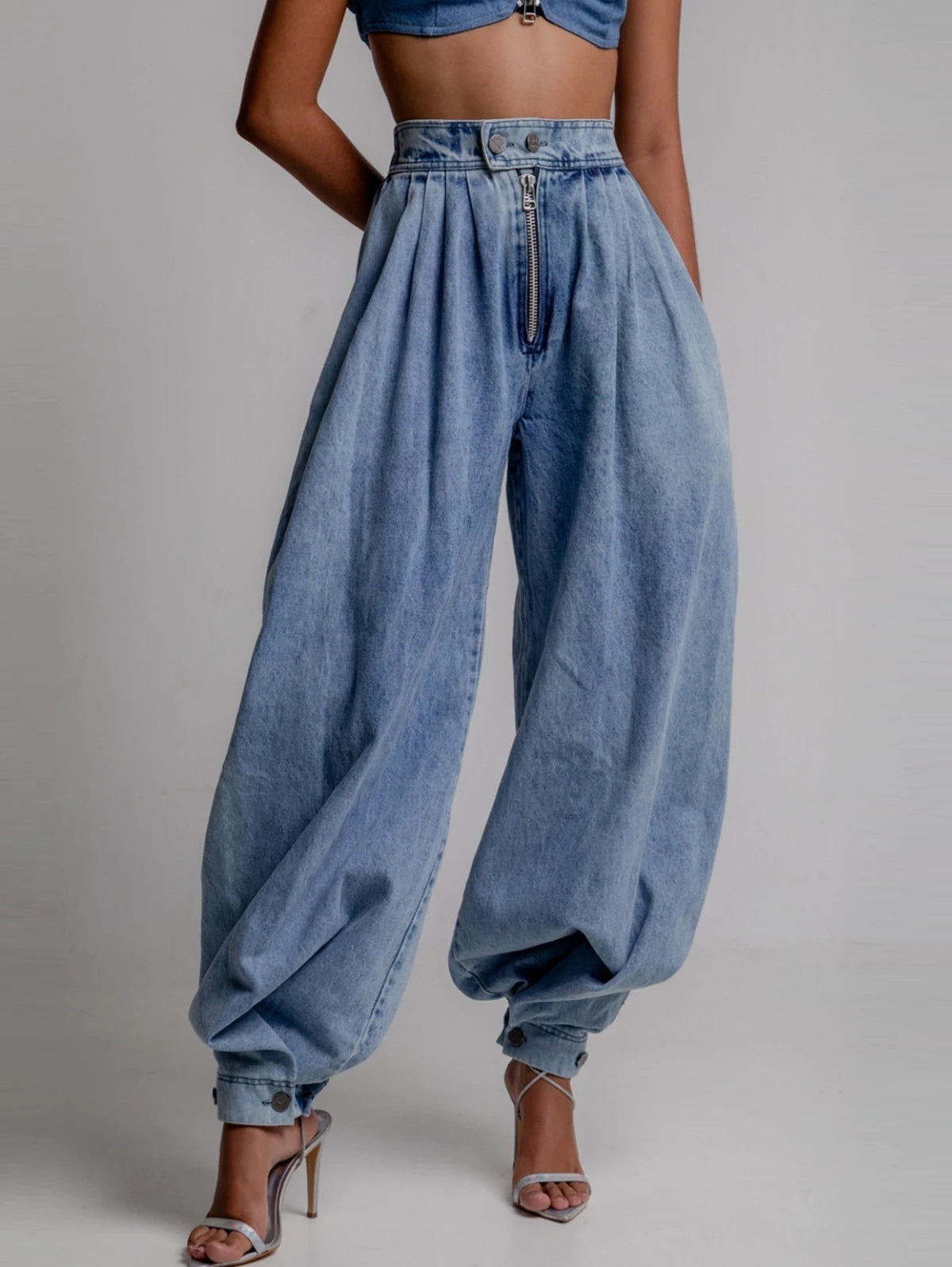 High Waist Zipper Denim Loose Harem Pants