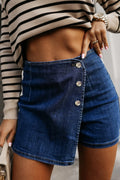 Bluing Asymmetric Wrapped Buttoned High Waist Denim Shorts - Pikemla