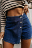 Bluing Asymmetric Wrapped Buttoned High Waist Denim Shorts - Pikemla