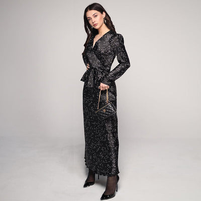 V-neck Printed Long-sleeved Top High Waist Skirt Suit