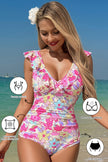 Blue Floral Ruffle Trim V Neck Lace-up Back Tummy Control One Piece Swimsuit - Pikemla
