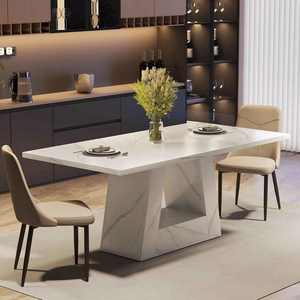 63 Inch White Faux Marble Dining Table Rectangular