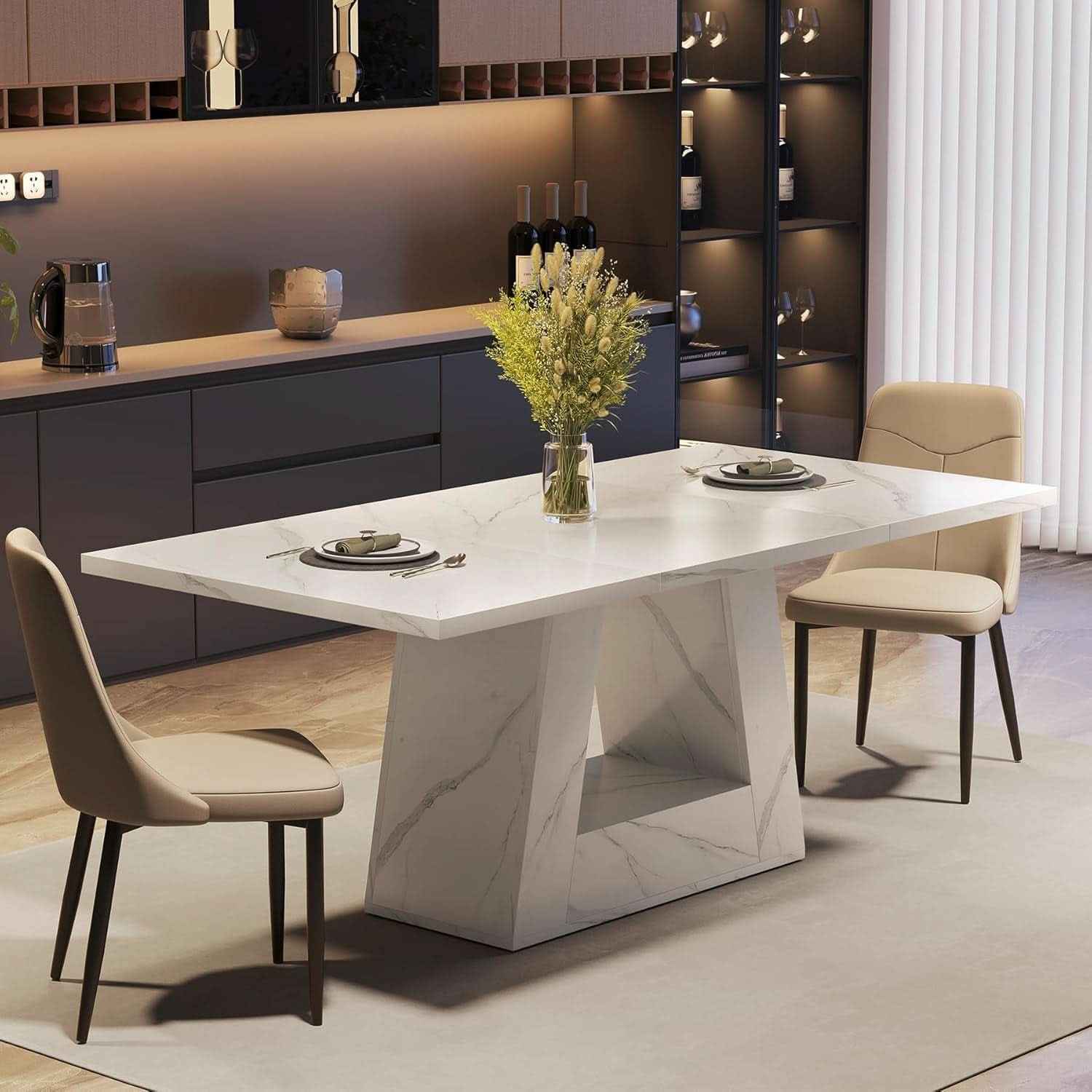 63 Inch White Faux Marble Dining Table Rectangular