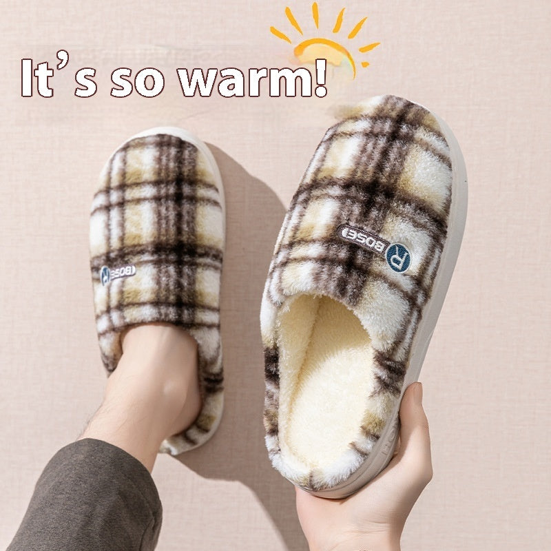 Women's Home Plush Warm Non-slip Plaid Cotton Shoes