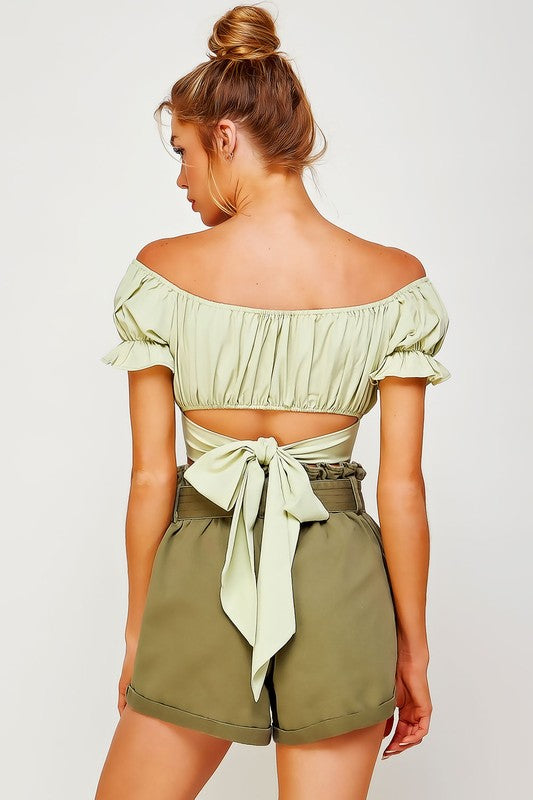 OFF SHOULDER PLEATED CROP TOP WITH BACK RIBBON TIE - Pikemla