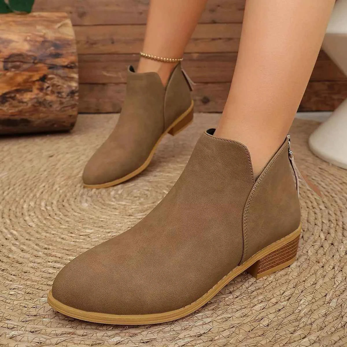 Classic Faux Leather V-Cut Ankle Boots with Block Heel