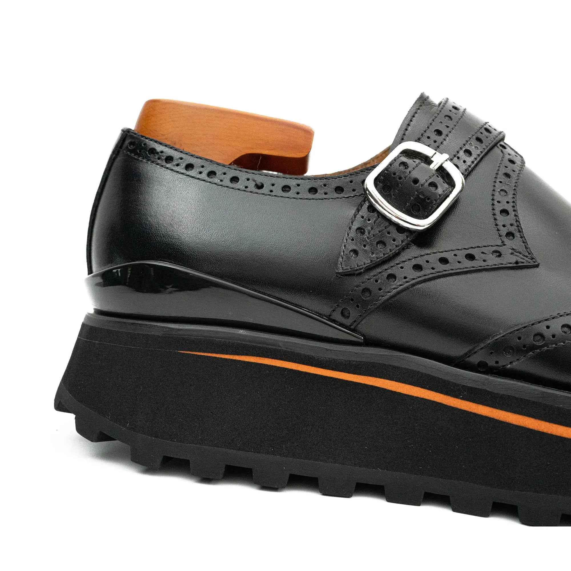 Black Brogue Monk Shoes With Chunky Sole