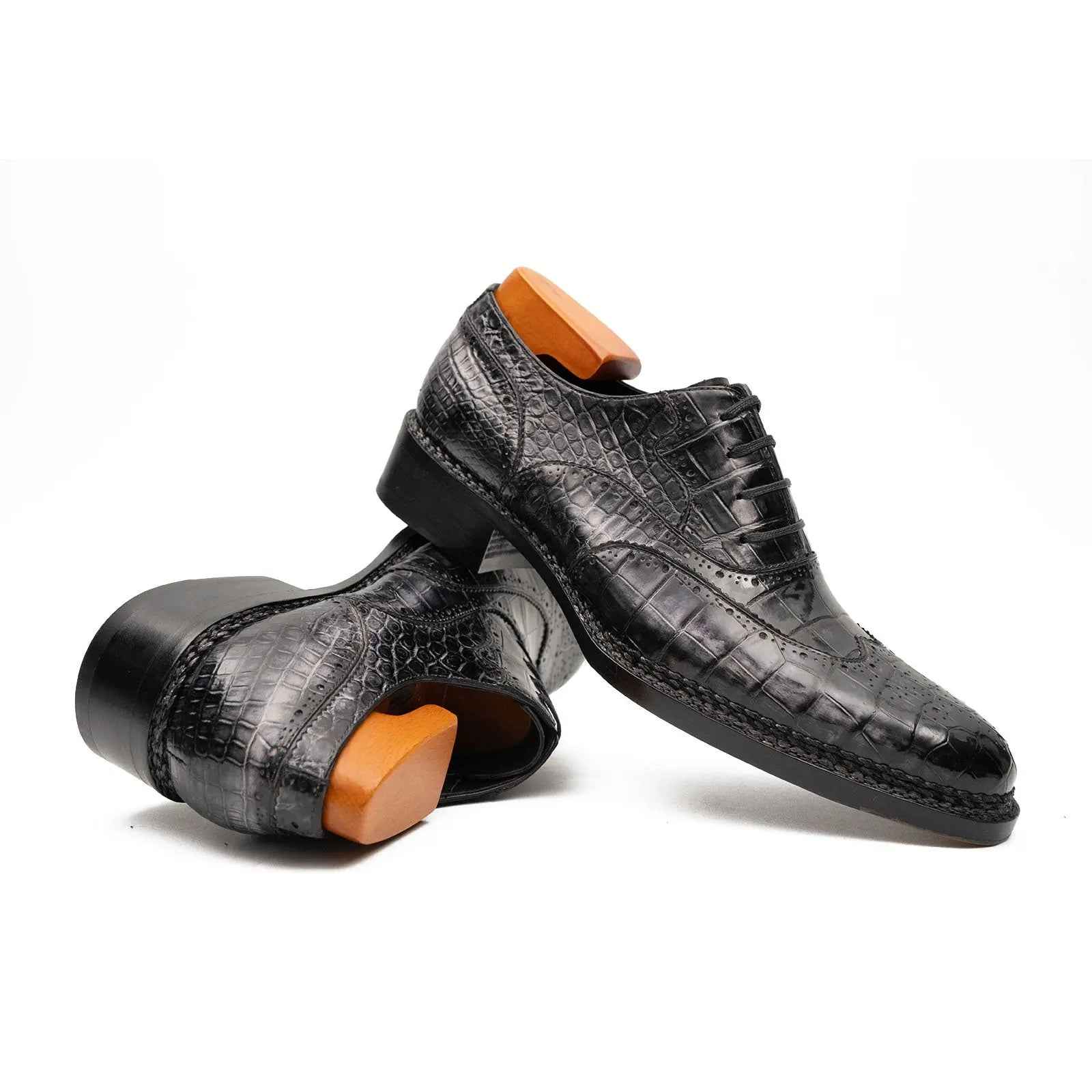 Black Grey Crocodile Oxford Shoes Goodyear Norwegian 8017