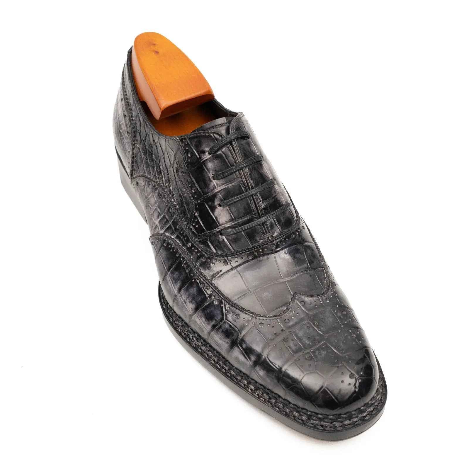 Black Grey Crocodile Oxford Shoes Goodyear Norwegian 8017