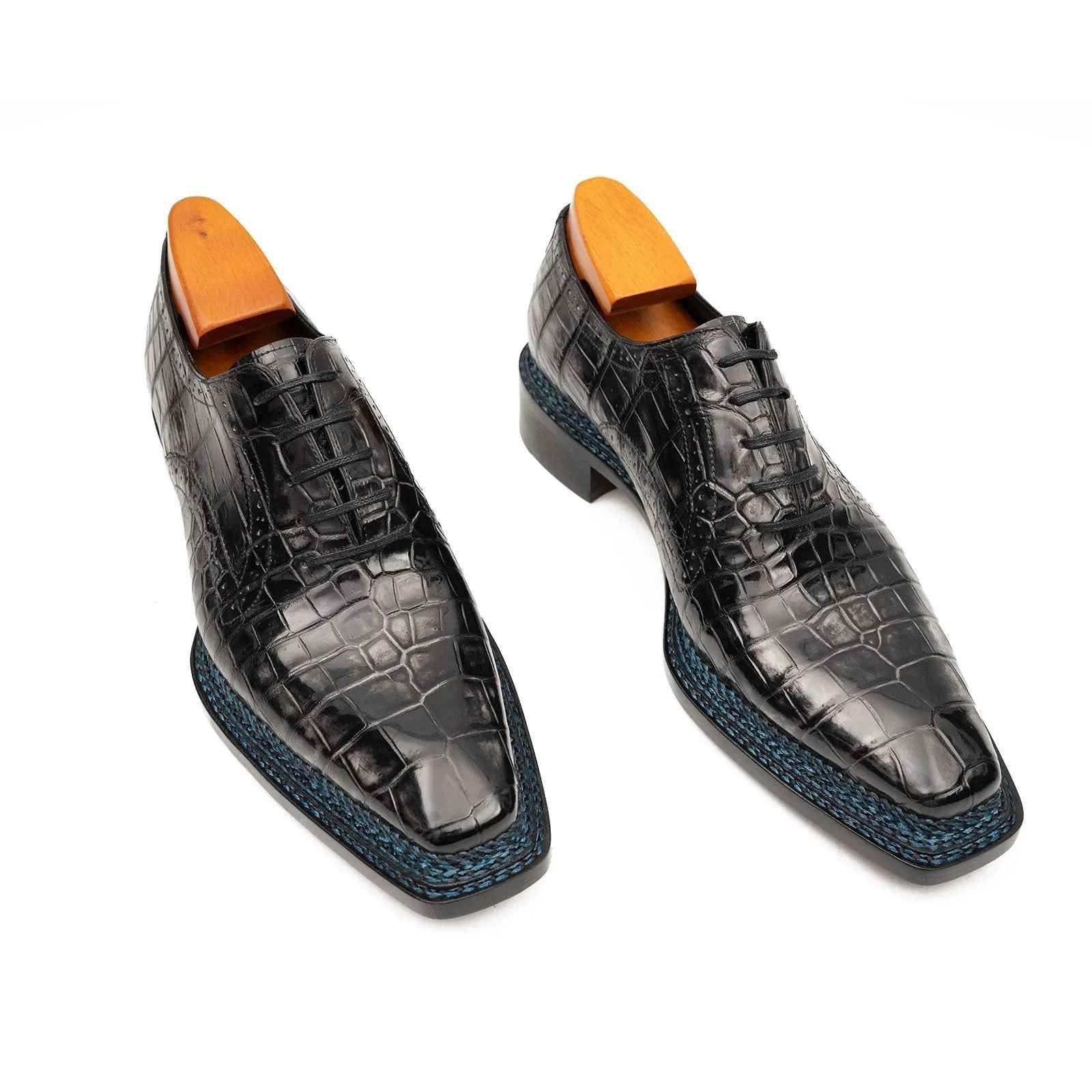 Black Grey Crocodile Oxford Shoes Goodyear Norwegian 8018