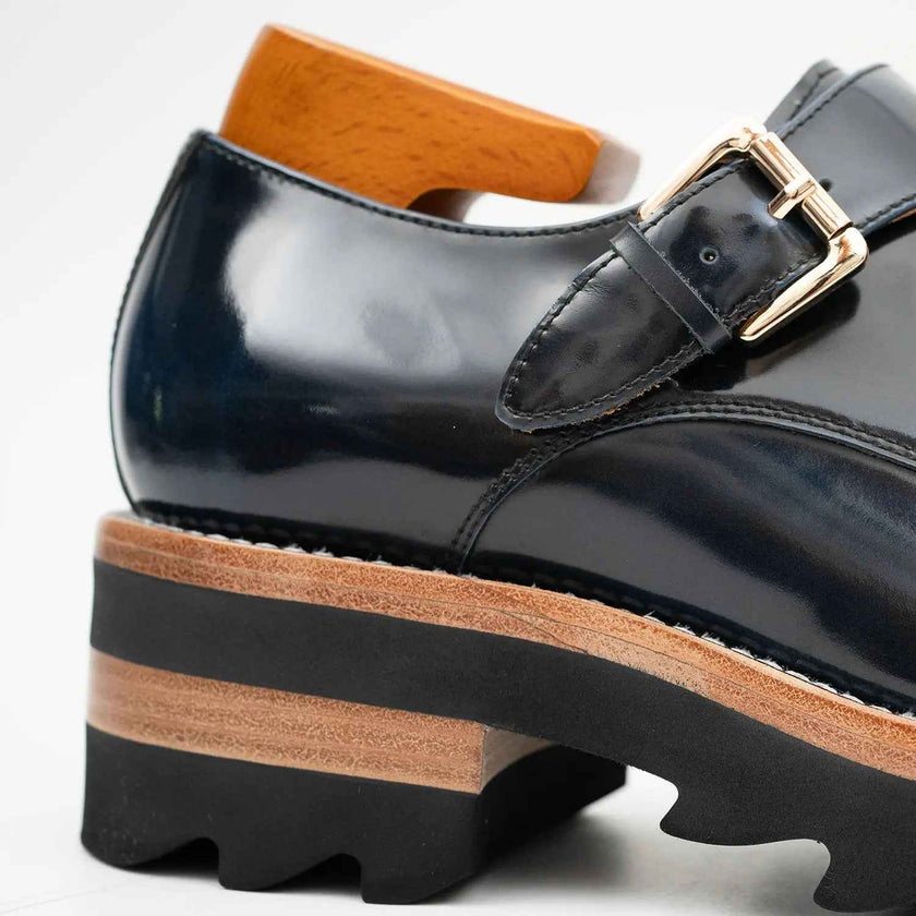 Blue Leather Monk Strap Shoes with Chunky Soles