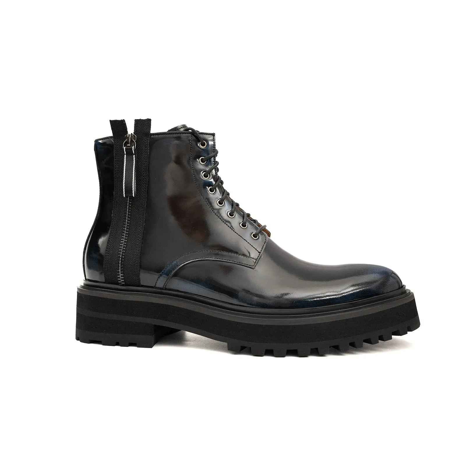Blue Patent Side-Zip Combat Boot