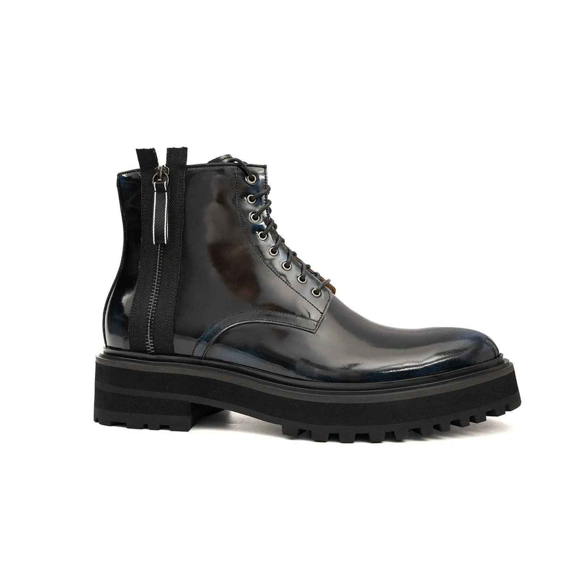 Blue Patent Side-Zip Combat Boot