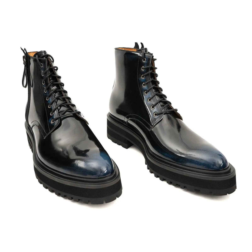 Blue Patent Side-Zip Combat Boot