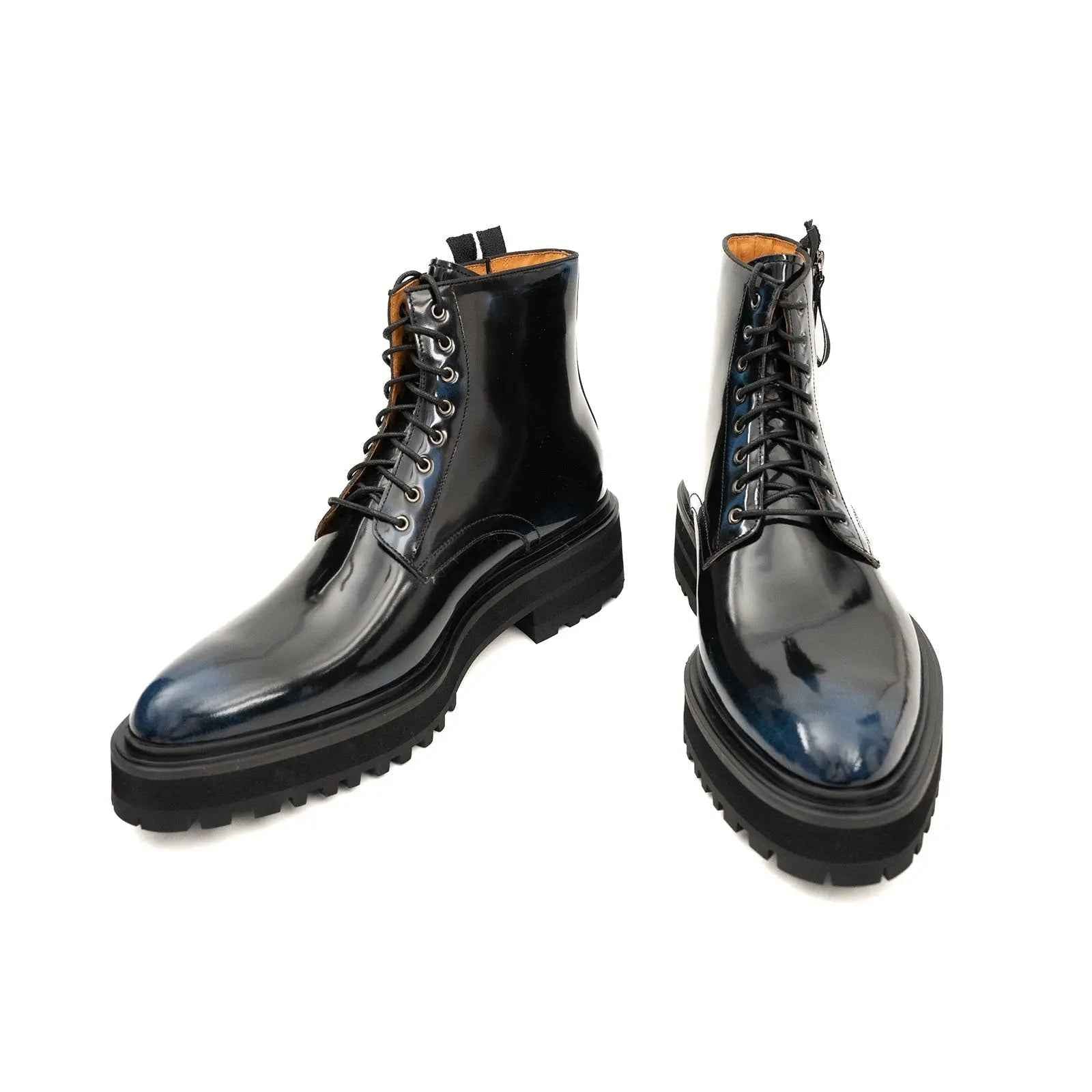 Blue Patent Side-Zip Combat Boot
