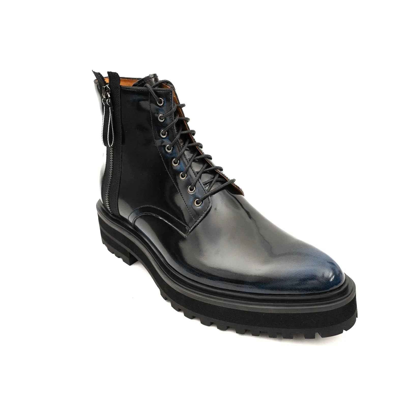 Blue Patent Side-Zip Combat Boot