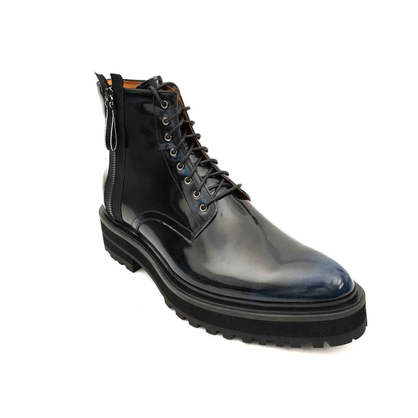 Blue Patent Side-Zip Combat Boot
