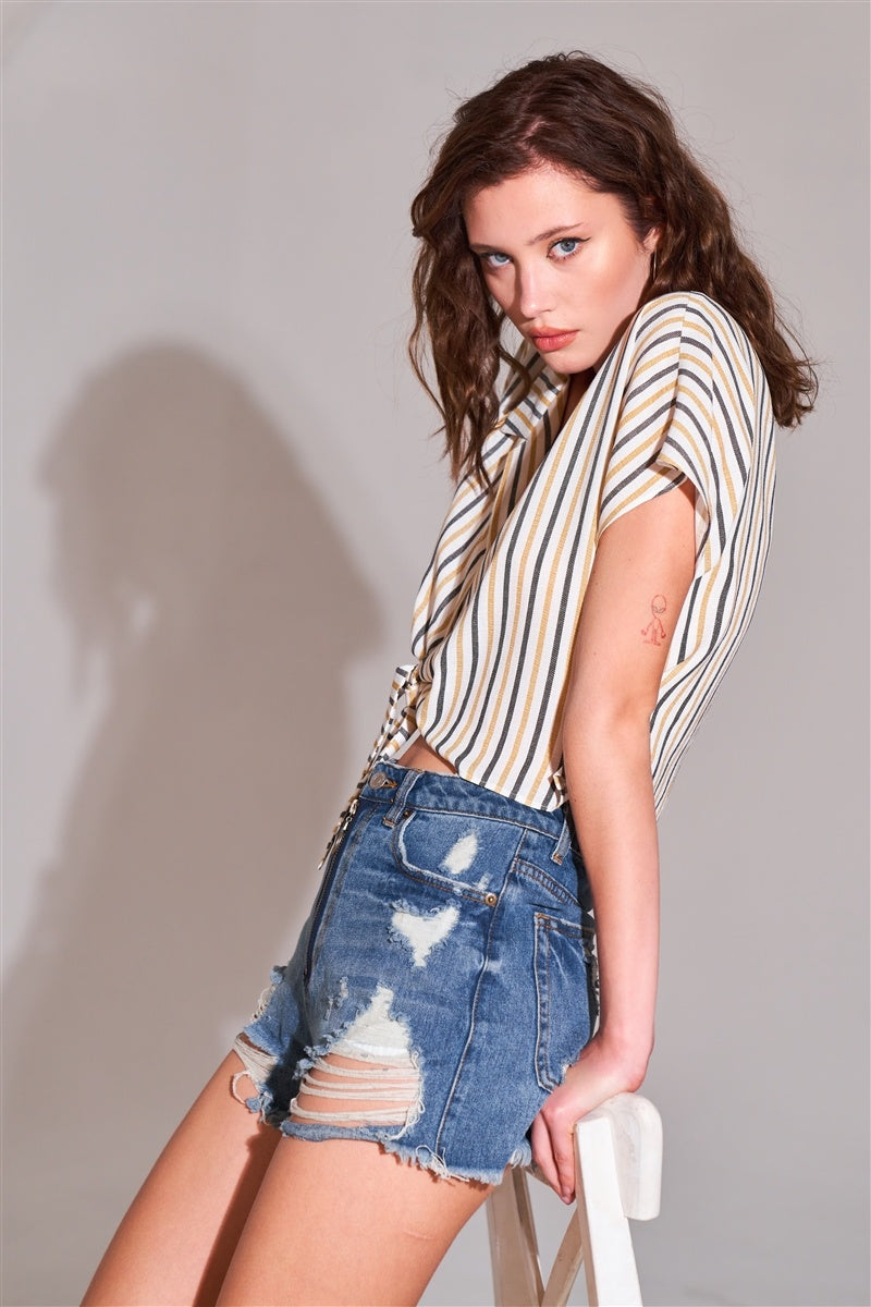 Ripped High-waist Front Zip-up Raw Hem Detail Distressed Mini Shorts - Pikemla