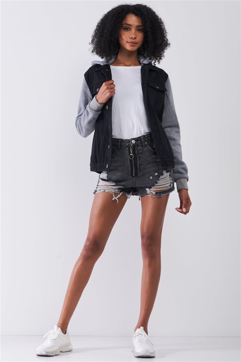 Ripped High-waist Front Zip-up Raw Hem Detail Distressed Mini Shorts - Pikemla