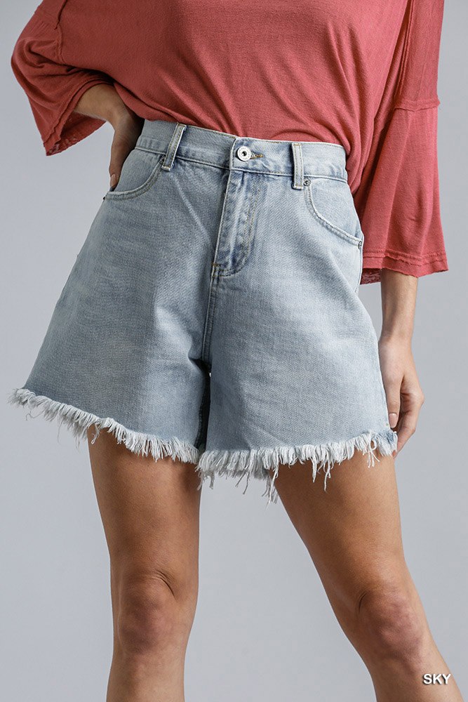 High Rise Denim Shorts With Raw Hem - Pikemla