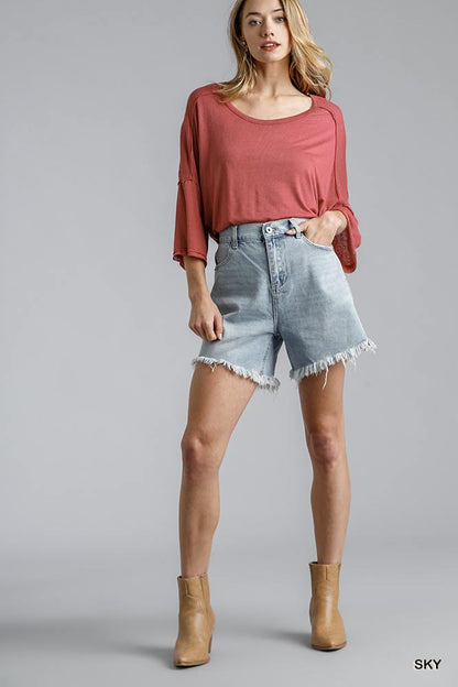 High Rise Denim Shorts With Raw Hem - Pikemla