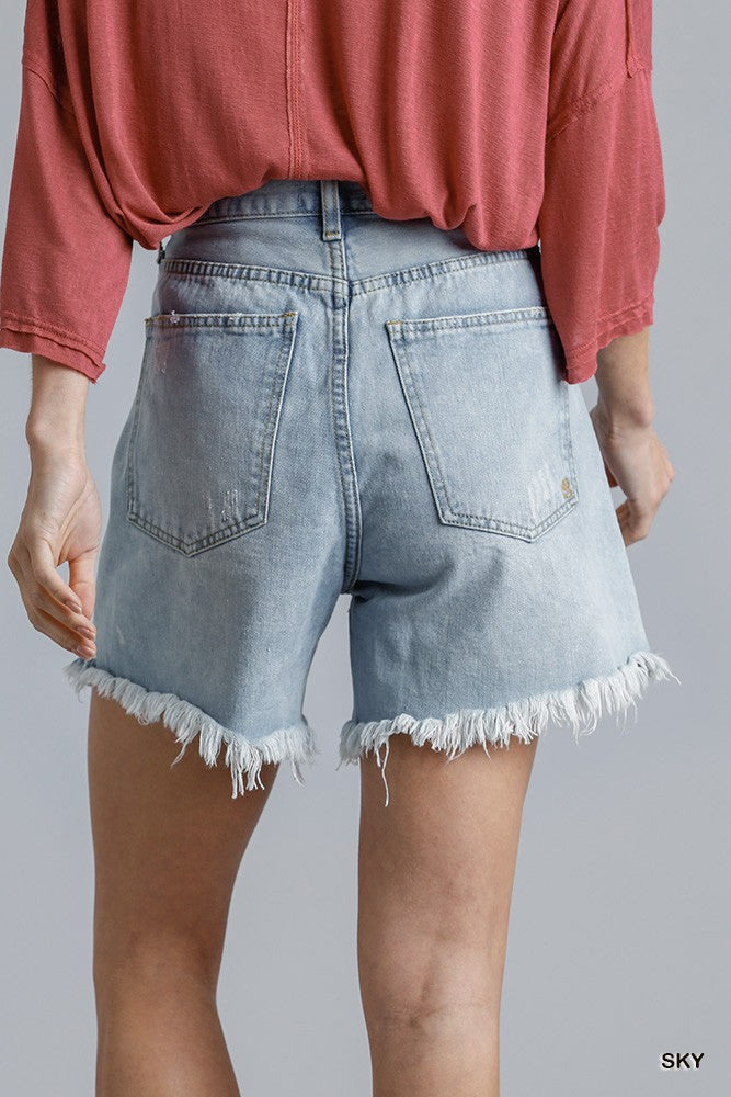 High Rise Denim Shorts With Raw Hem - Pikemla