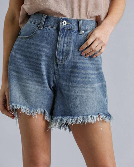 High Rise Denim Shorts With Raw Hem - Pikemla
