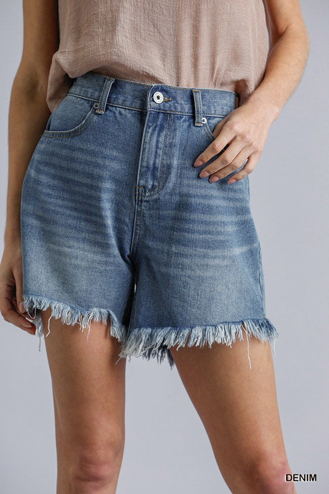 High Rise Denim Shorts With Raw Hem - Pikemla