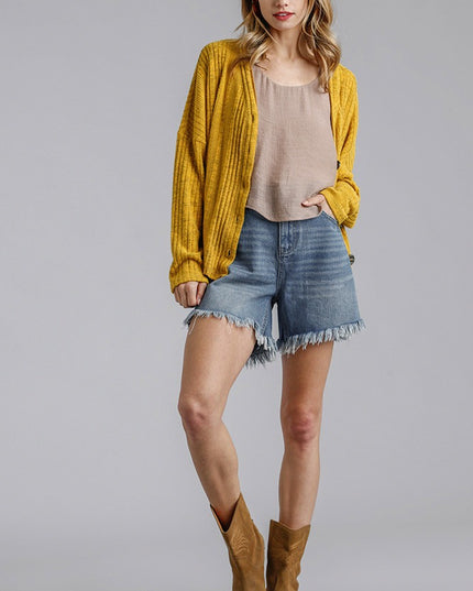High Rise Denim Shorts With Raw Hem - Pikemla